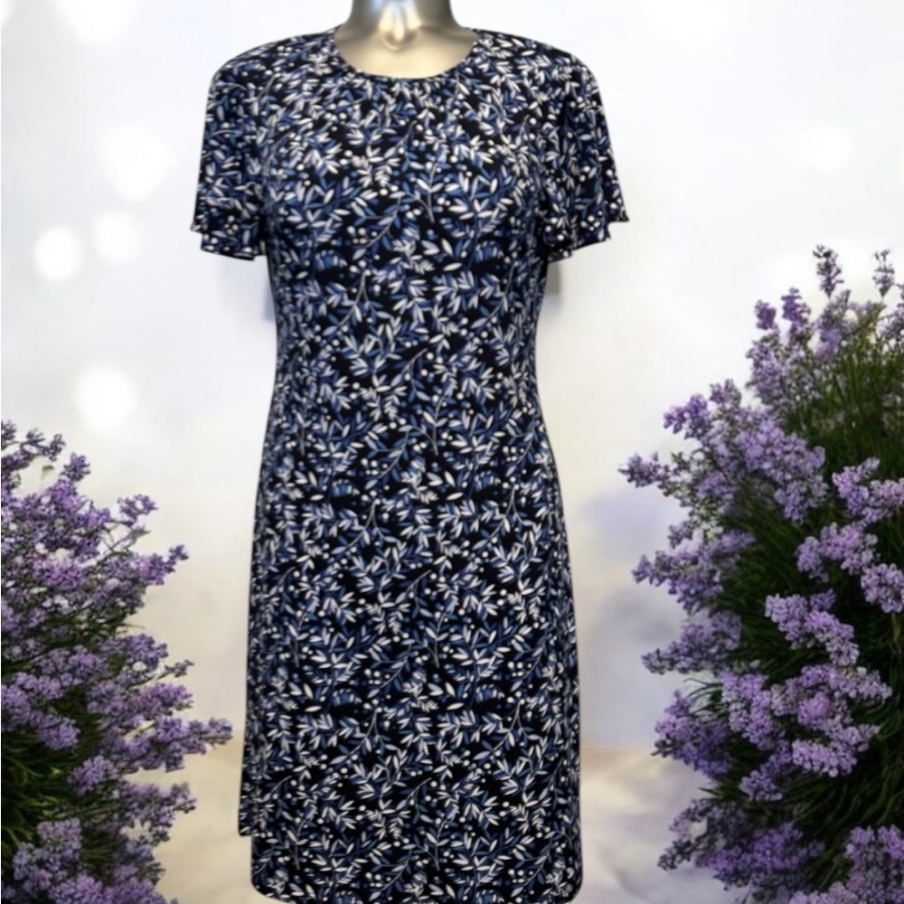 Tommy Hilfiger Blue and White Flutter Sleeve Sheath Dress